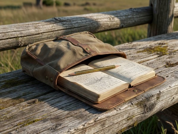A canvas field bag, brass pencil, and notebook resting on outdoor timber