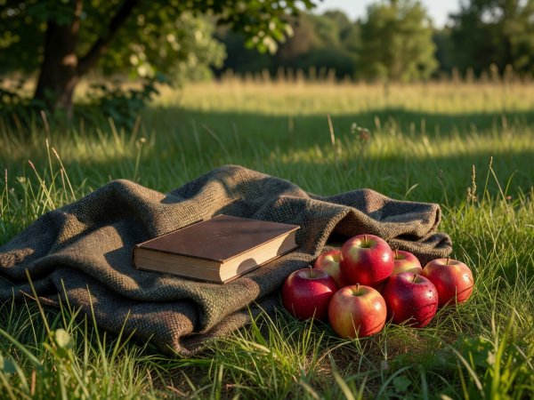 Hardcover book resting on a folded tweed blanket beside fresh red apples