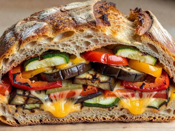 Thick cross-section of a pressed crusty bread loaf layered with grilled vegetables and cheddar