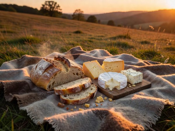 Rustic bread and cheese spread outdoors under warm golden evening sunlight