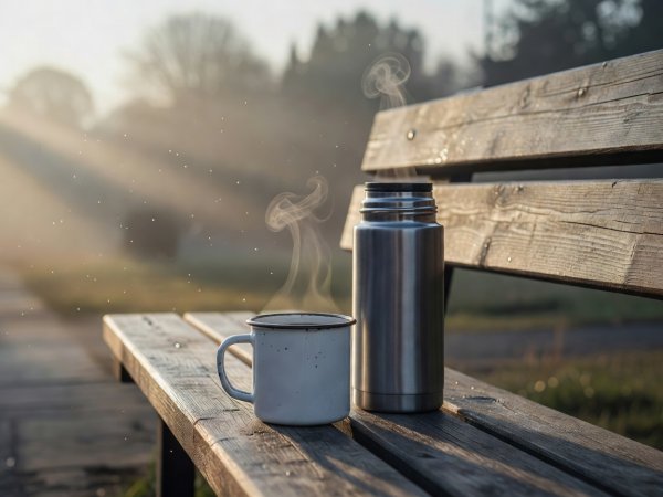 Enamel coffee mug and hot vacuum thermos sitting on a wooden bench in early morning light