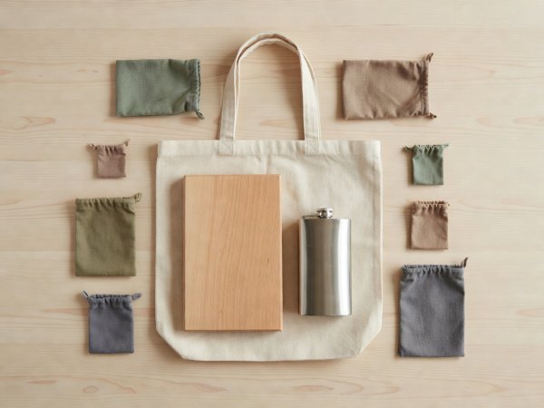 Organised flat layout of canvas tote bag, wood board, stainless flask, and cloth pouches